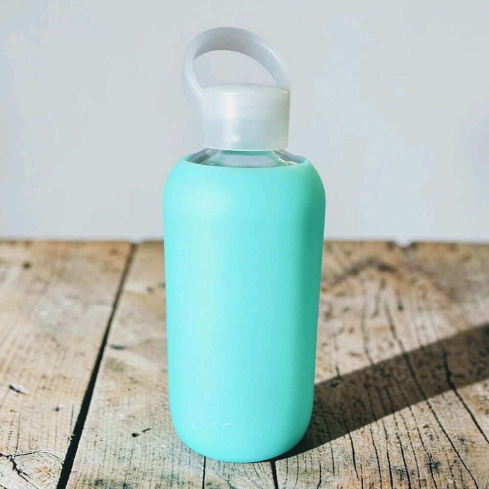 BKR Silicone & Glass Water Bottle 'Holiday' Sheer Aqua Blue 16oz